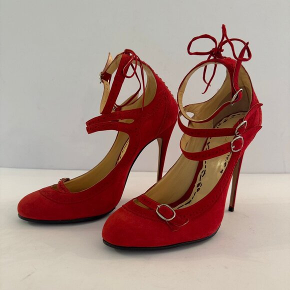 MARCHESA, Red Suede Mary Jane Pumps - Picture 1 of 12